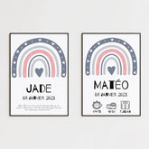 Tableau Naissance Personnalisé Arc-en-Ciel "Coeur Gris"