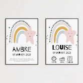 Tableau Naissance Personnalisé Arc-en-Ciel "Étoile Rose"