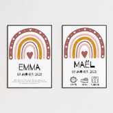 Tableau Naissance Personnalisé Arc-en-Ciel "Coeur Marron"