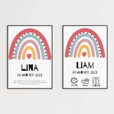 Tableau Naissance Personnalisé Arc-en-Ciel "Coeur Rouge"