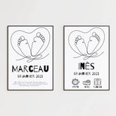 Tableau Naissance Personnalisé Line Art "Pieds Cœur"