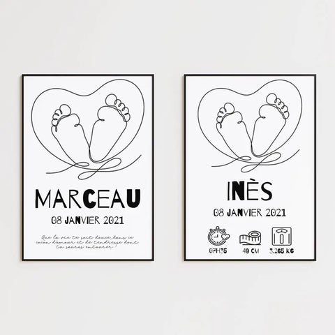 Tableau Naissance Personnalisé Line Art "Pieds Cœur"