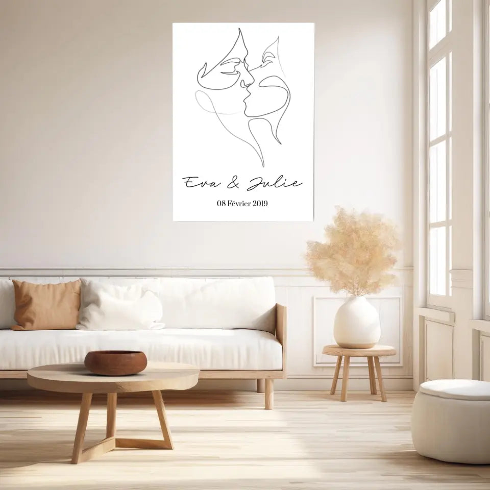 Tableau Couple Personnalisé Femme Gay Line Art Kiss