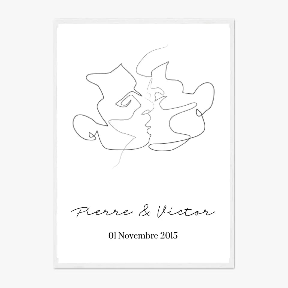 Tableau Couple Personnalisé Homme Gay Line art Kiss