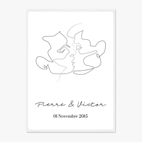 Tableau Couple Personnalisé Homme Gay Line art Kiss