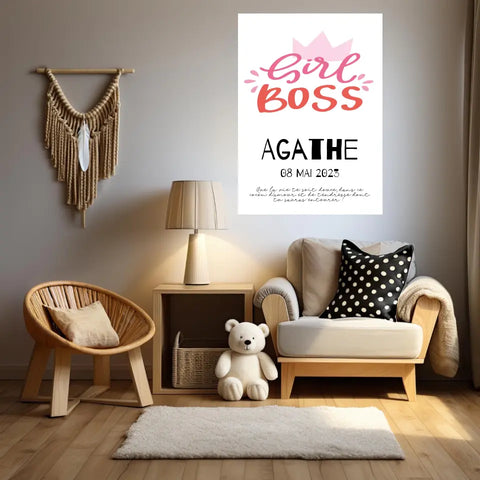 Affiche Naissance Personnalisé Girl Boss Couronne
