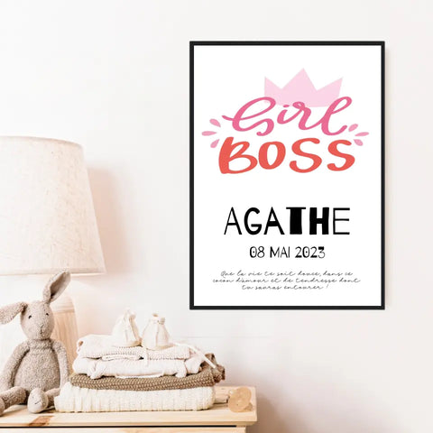 Affiche Naissance Personnalisé Girl Boss Couronne