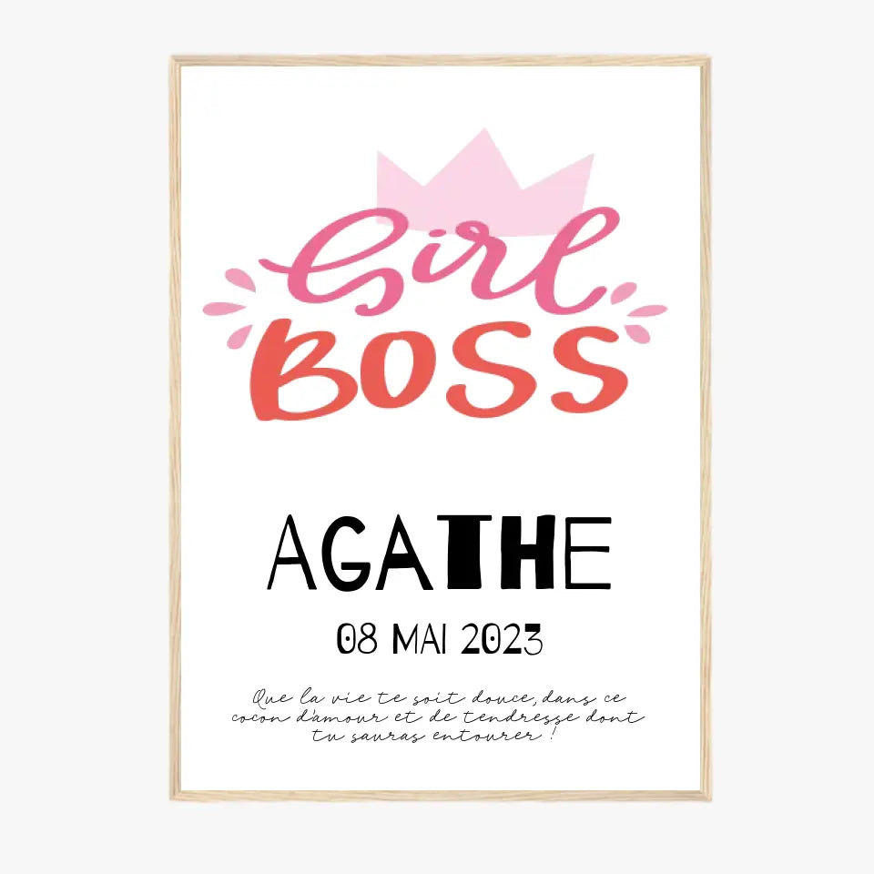 Affiche Naissance Personnalisé Girl Boss Couronne