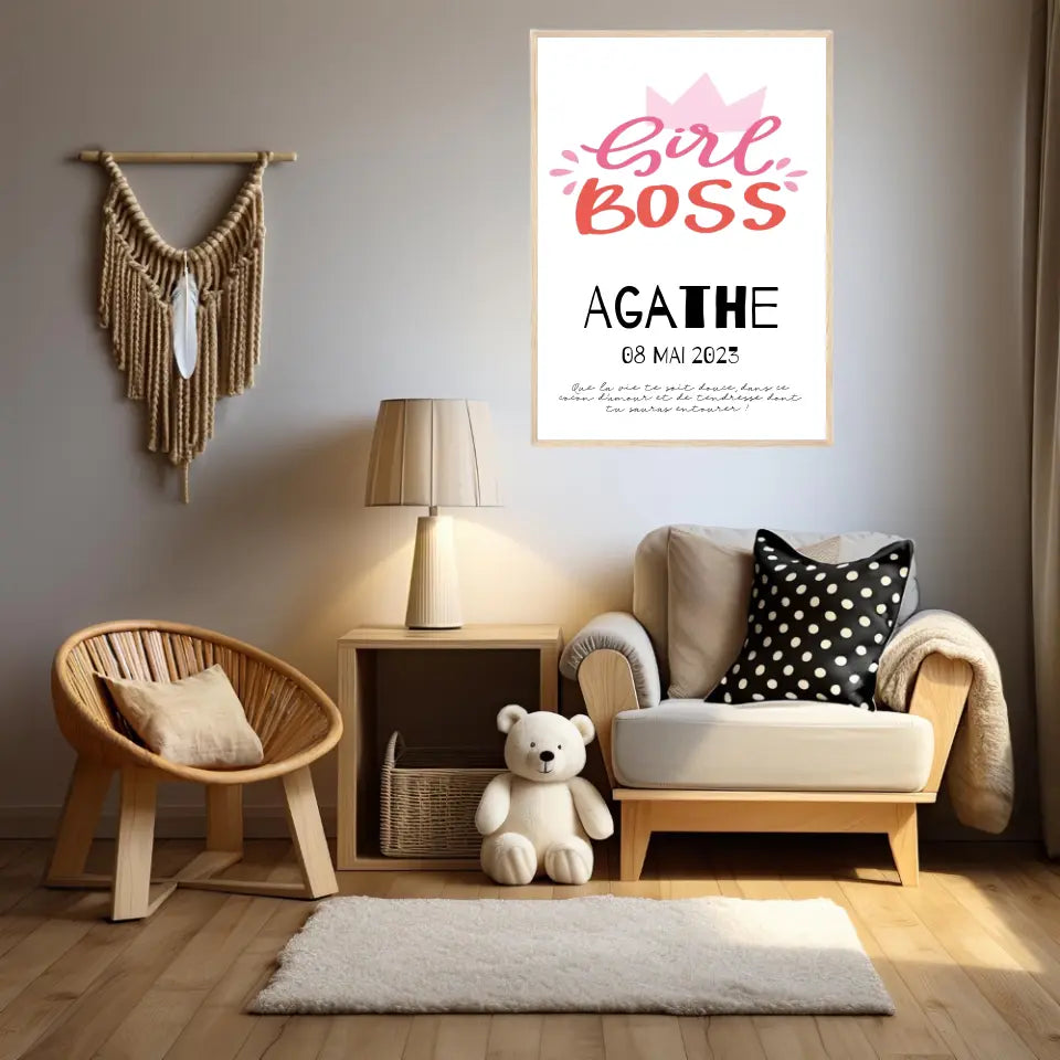 Affiche Naissance Personnalisé Girl Boss Couronne