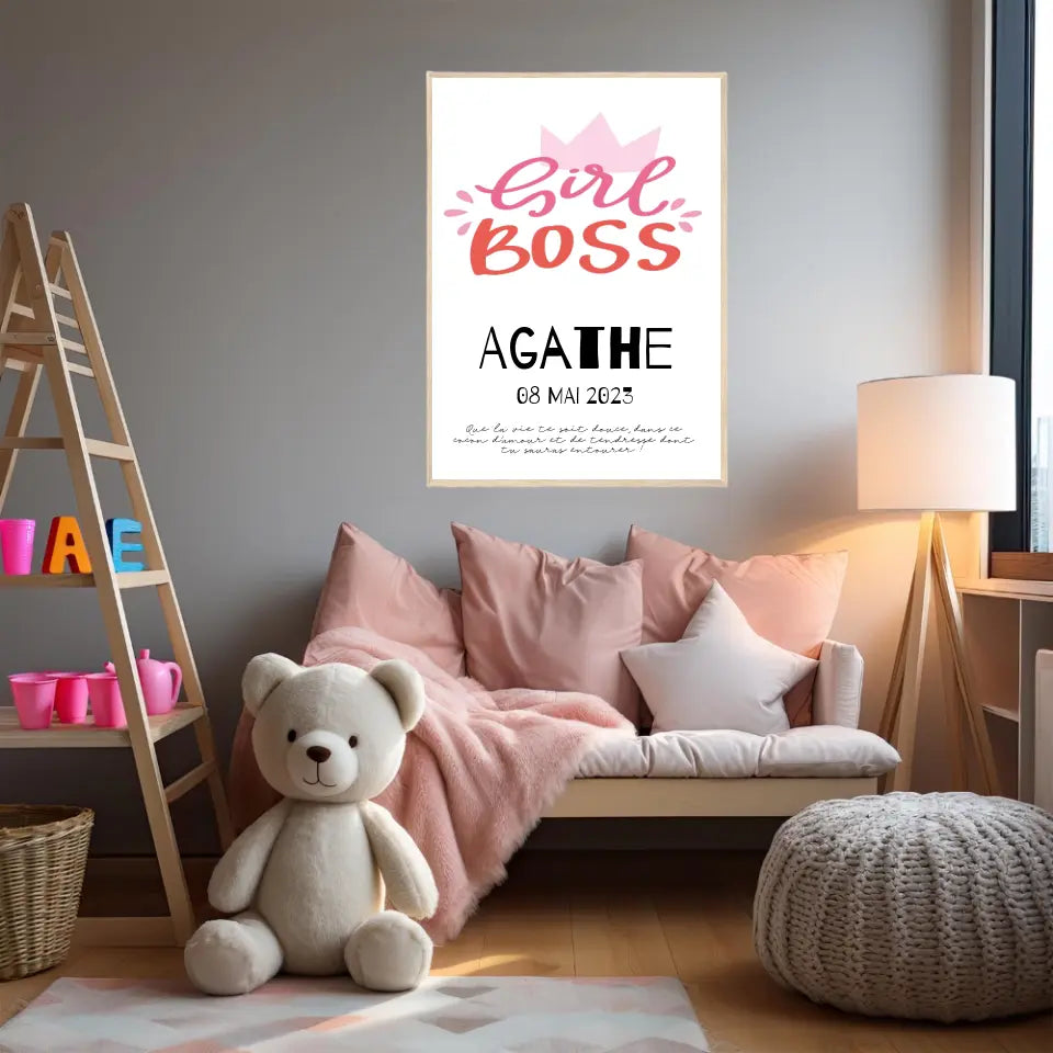 Affiche Naissance Personnalisé Girl Boss Couronne