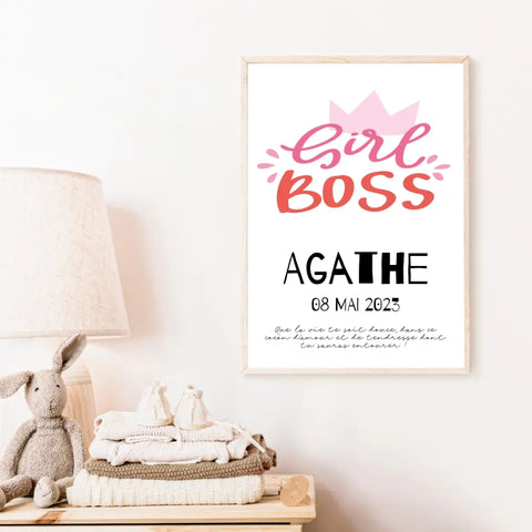 Affiche Naissance Personnalisé Girl Boss Couronne