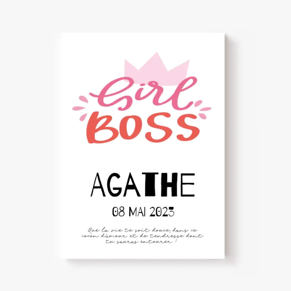 Affiche Naissance Personnalisé Girl Boss Couronne