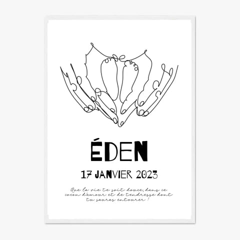Affiche Naissance Personnalisé Line Art Mains Pieds Bébé