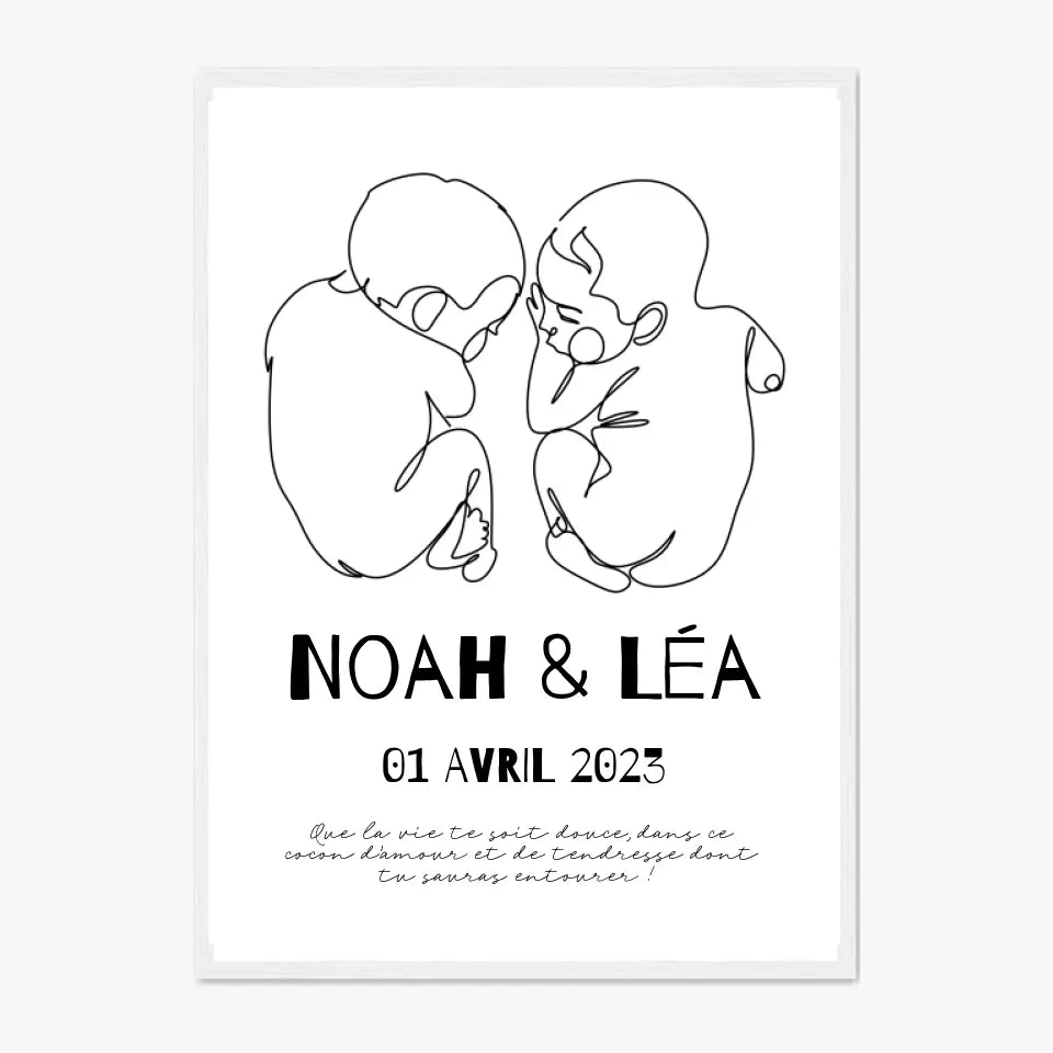 Affiche Naissance Personnalisé Line Art Jumeaux