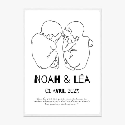 Affiche Naissance Personnalisé Line Art Jumeaux
