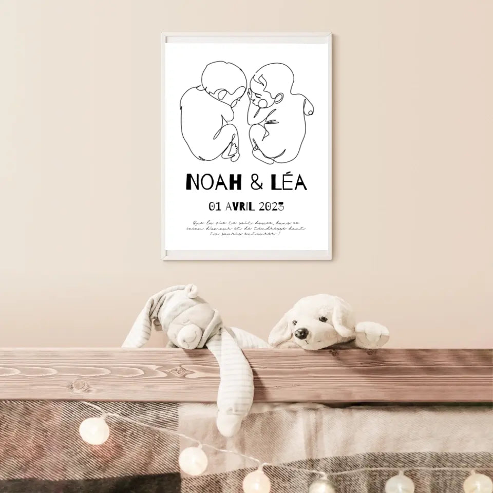Affiche Naissance Personnalisé Line Art Jumeaux