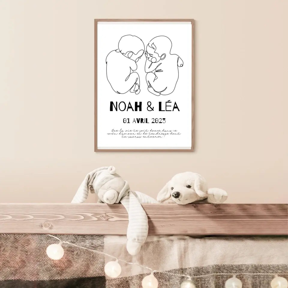 Affiche Naissance Personnalisé Line Art Jumeaux