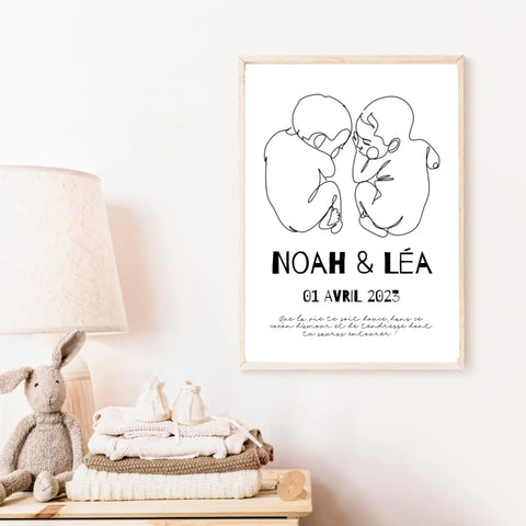 Affiche Naissance Personnalisé Line Art Jumeaux