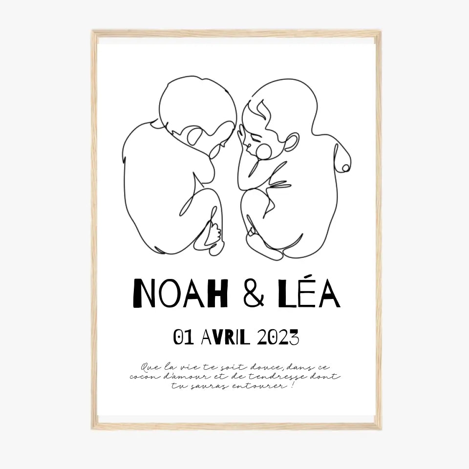 Affiche Naissance Personnalisé Line Art Jumeaux