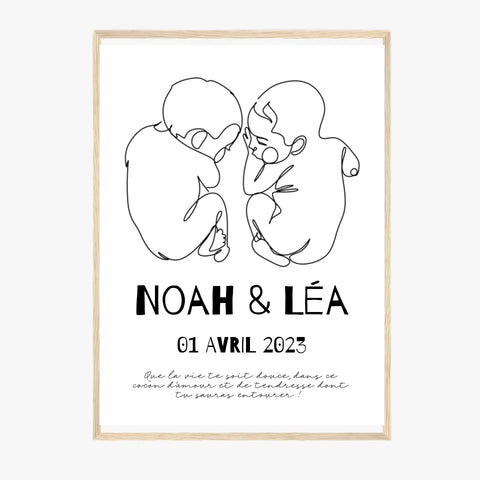Affiche Naissance Personnalisé Line Art Jumeaux