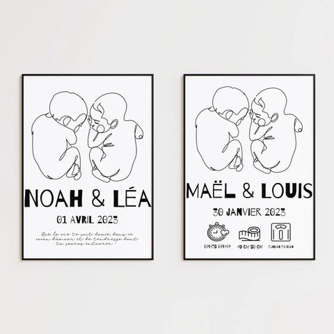 Affiche Naissance Personnalisé Line Art Jumeaux