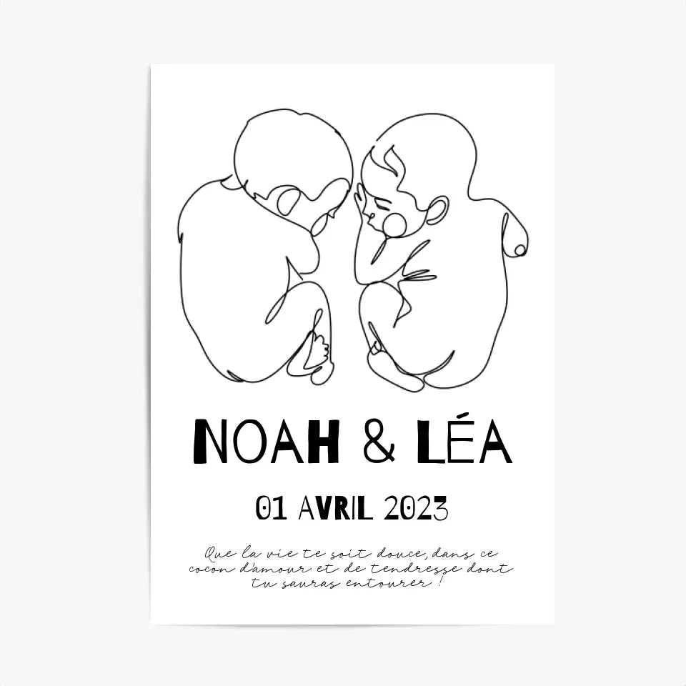 Affiche Naissance Personnalisé Line Art Jumeaux