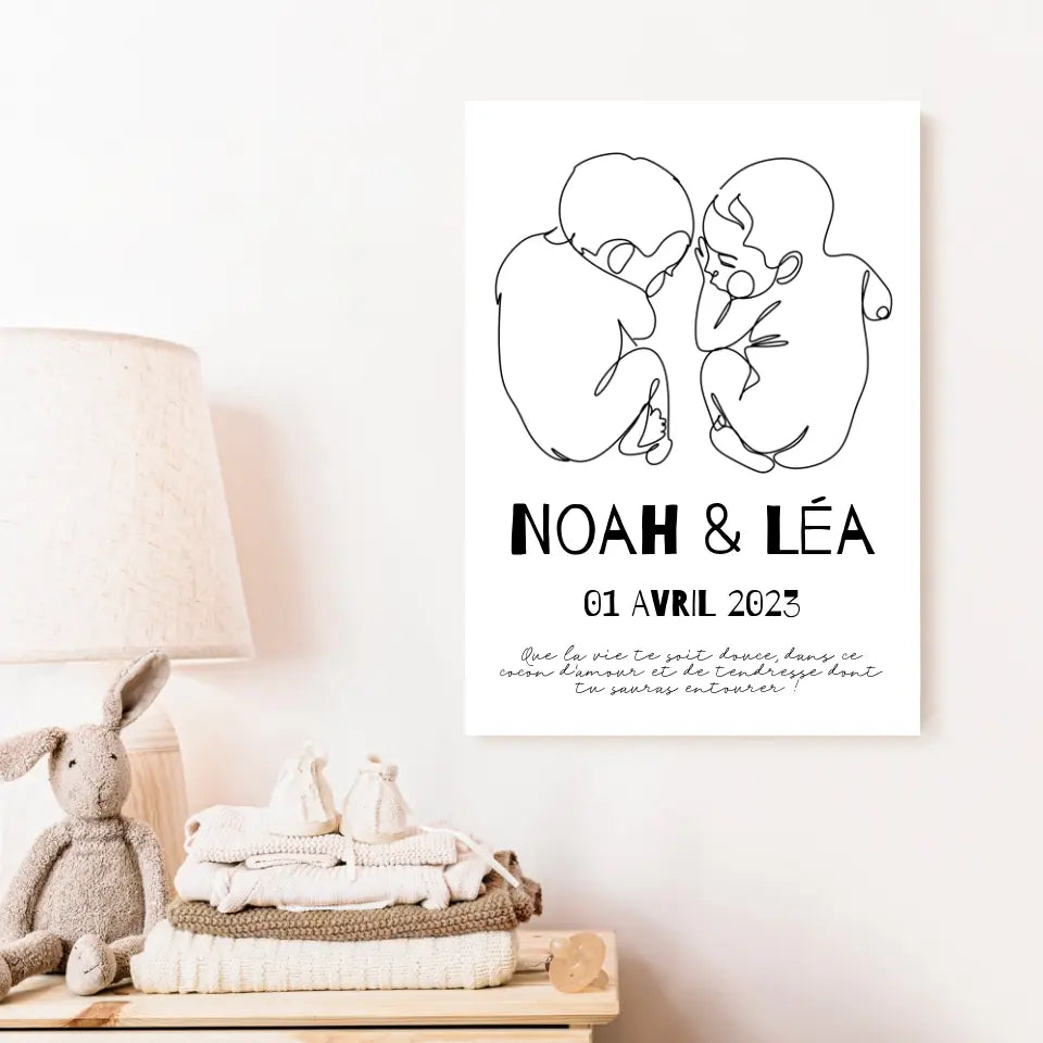 Affiche Naissance Personnalisé Line Art Jumeaux