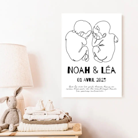 Affiche Naissance Personnalisé Line Art Jumeaux