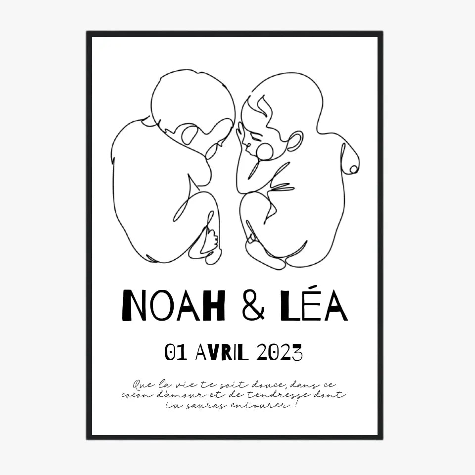 Affiche Naissance Personnalisé Line Art Jumeaux