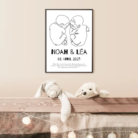 Affiche Naissance Personnalisé Line Art Jumeaux