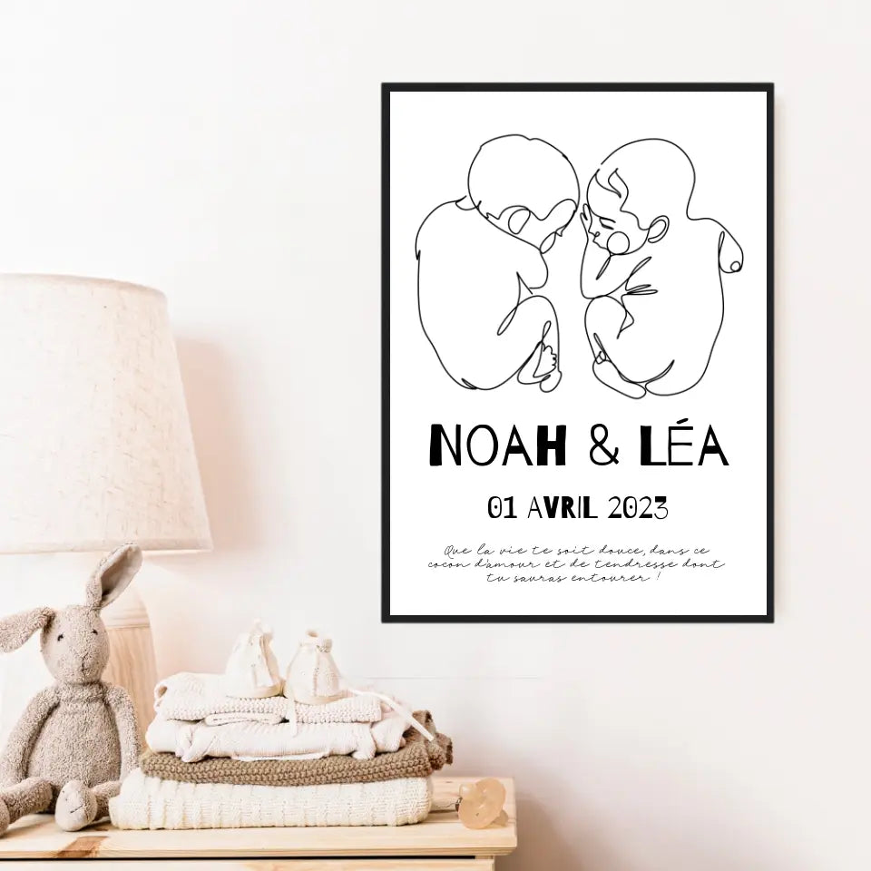 Affiche Naissance Personnalisé Line Art Jumeaux