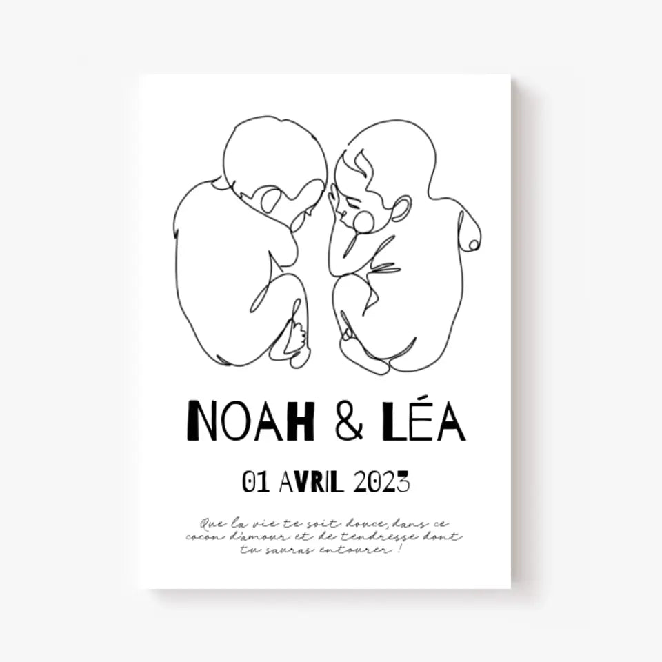 Affiche Naissance Personnalisé Line Art Jumeaux