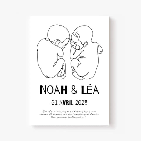 Affiche Naissance Personnalisé Line Art Jumeaux