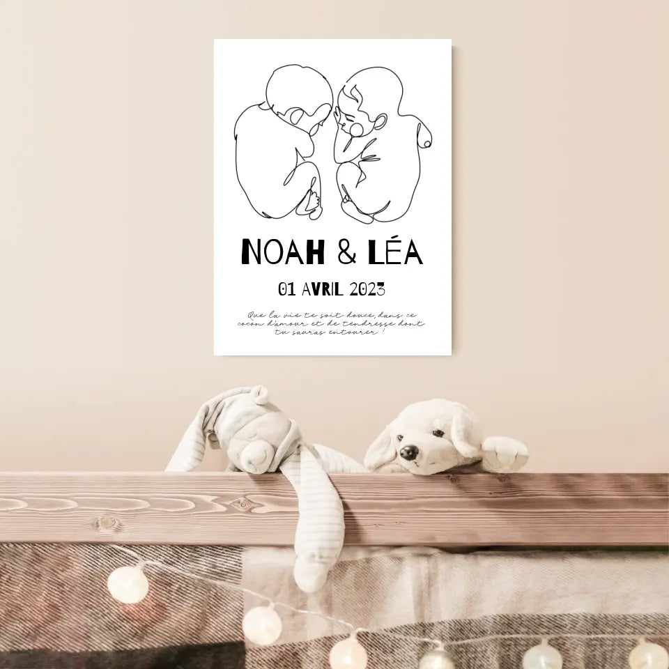 Affiche Naissance Personnalisé Line Art Jumeaux