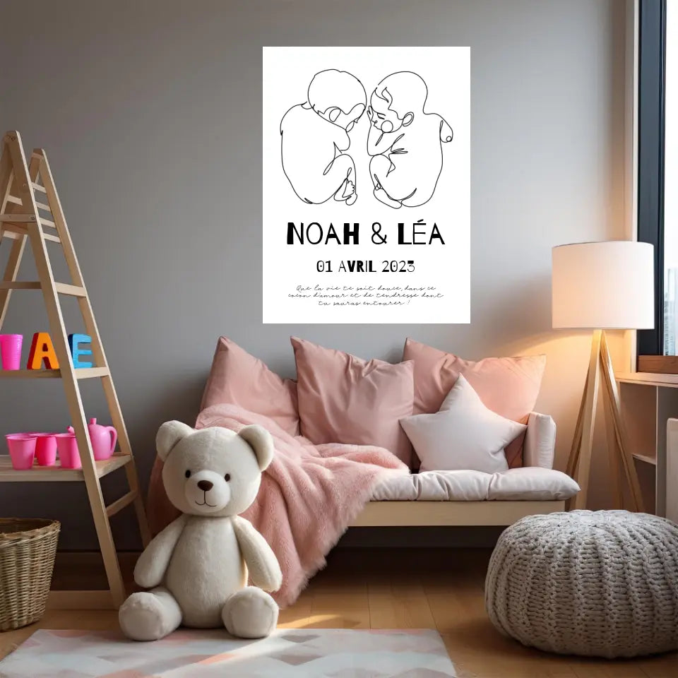Affiche Naissance Personnalisé Line Art Jumeaux