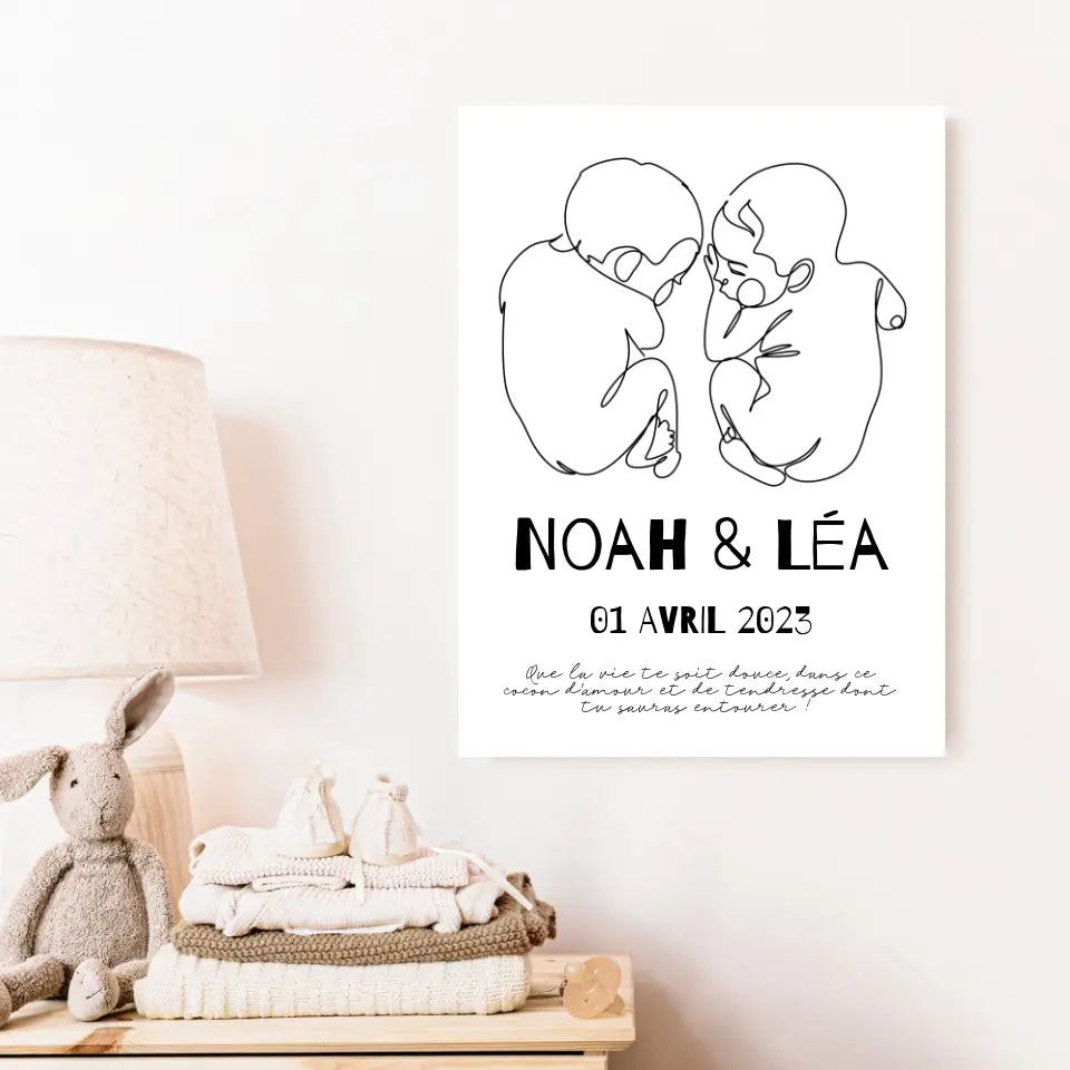 Affiche Naissance Personnalisé Line Art Jumeaux