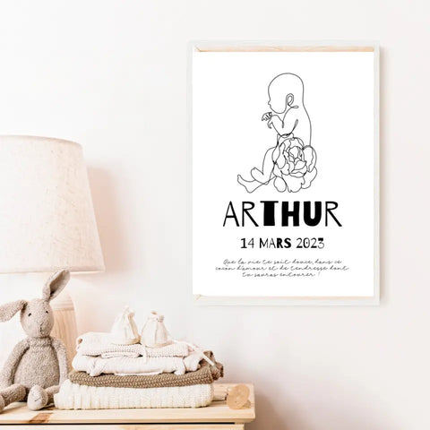 Affiche Naissance Personnalisé Line Art Bébé Fleurs