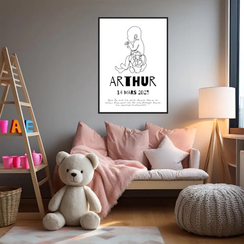 Affiche Naissance Personnalisé Line Art Bébé Fleurs