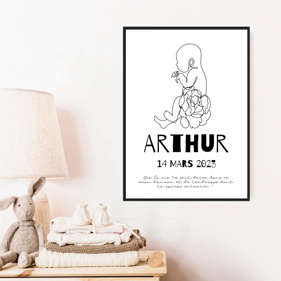 Affiche Naissance Personnalisé Line Art Bébé Fleurs