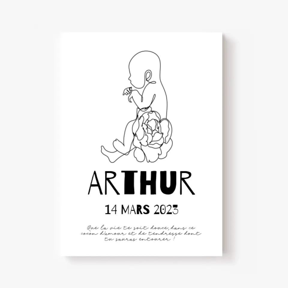 Affiche Naissance Personnalisé Line Art Bébé Fleurs
