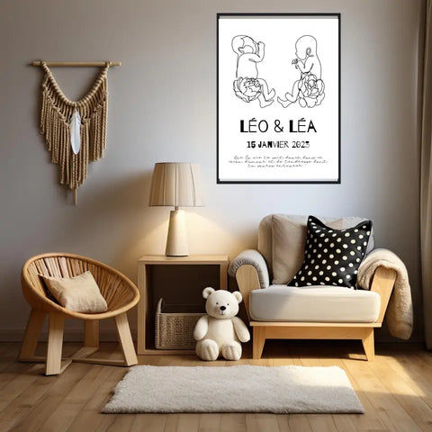 Affiche Naissance Personnalisé Art Line Jumeaux