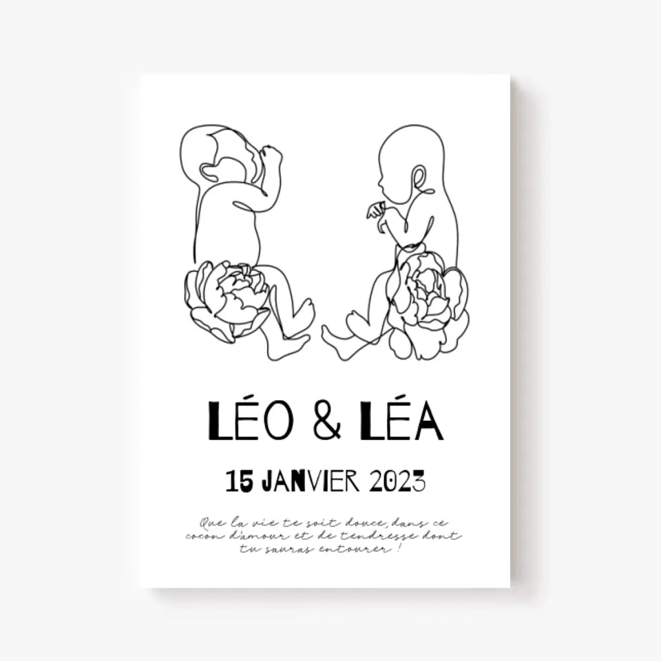 Affiche Naissance Personnalisé Art Line Jumeaux