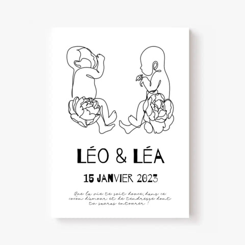 Affiche Naissance Personnalisé Art Line Jumeaux