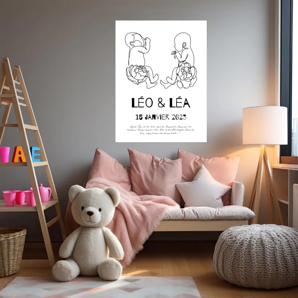 Affiche Naissance Personnalisé Art Line Jumeaux