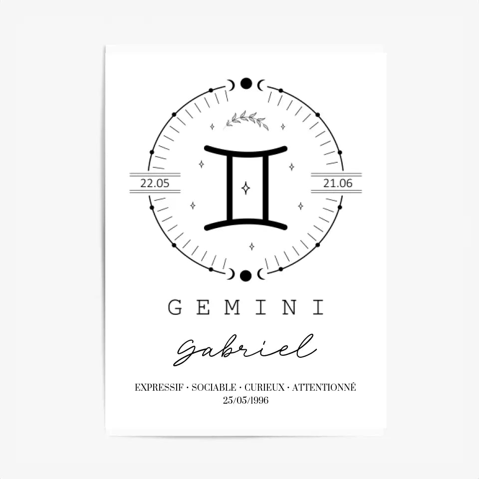 Tableau Personnalisé Signe Astrologique Boho Gémeaux