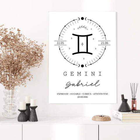 Tableau Personnalisé Signe Astrologique Boho Gémeaux