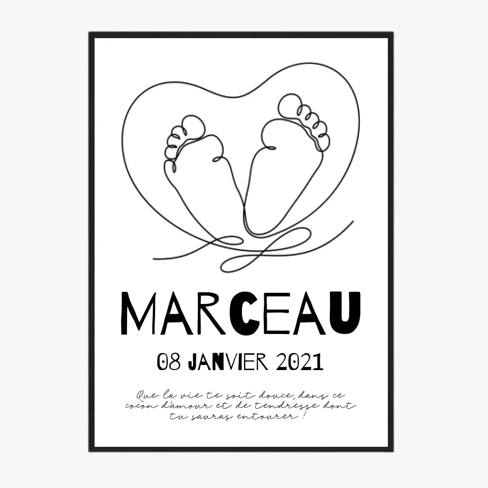 Tableau Naissance Personnalisé Line Art "Pieds Cœur"