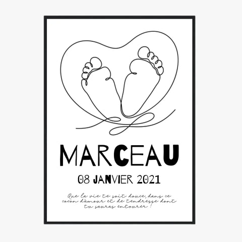 Tableau Naissance Personnalisé Line Art "Pieds Cœur"