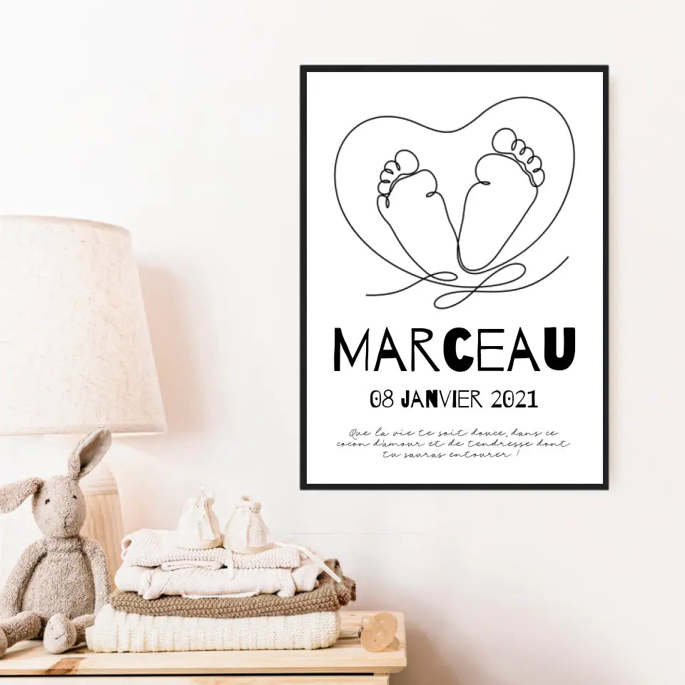 Tableau Naissance Personnalisé Line Art "Pieds Cœur"