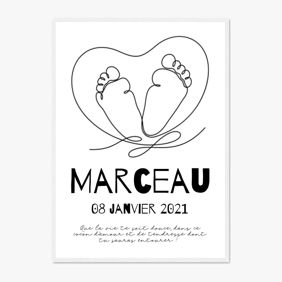 Tableau Naissance Personnalisé Line Art "Pieds Cœur"